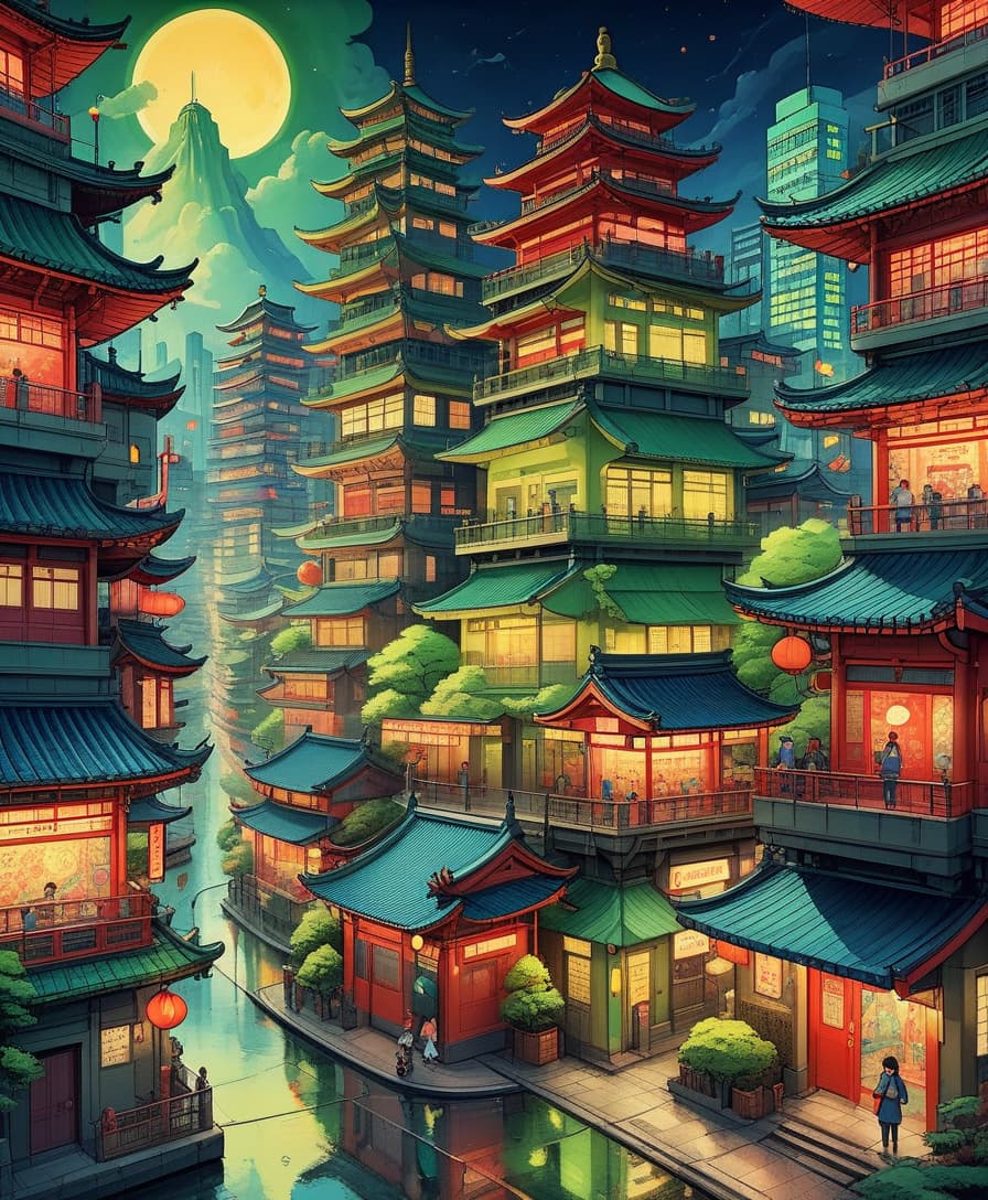  kawaii style japan, chinese, night, dream, nightmare, darkness, green nature city, futuristic city, national city, colorful, massively, huge area, many details, red, green, black, blue, yellow, city, big city, 1920x1080 resolution, full hd v 4 stylization 500 . cute, adorable, brightly colored, cheerful, anime influence, highly detailed, oil painting, on parchment