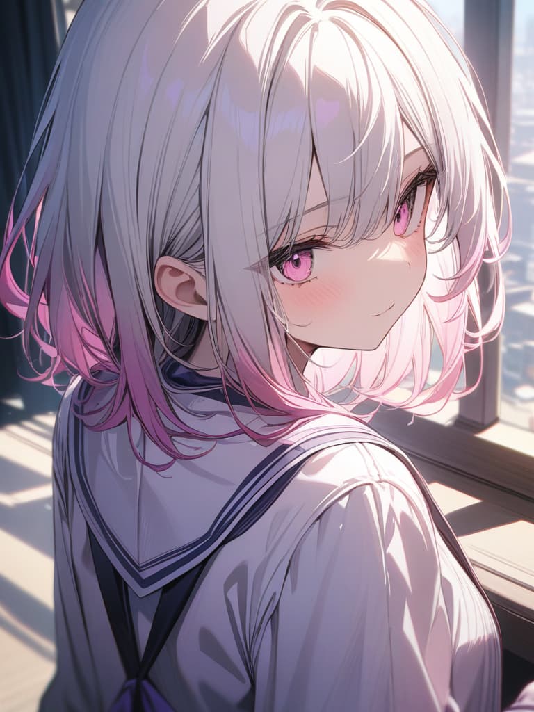  girls, white hair, pink, pink gradation hair color, cute face, purple sailor suit, pink eyes, medium hair, masterpiece, best quality,8k,ultra detailed,high resolution,an extremely delicate and beautiful,hyper detail