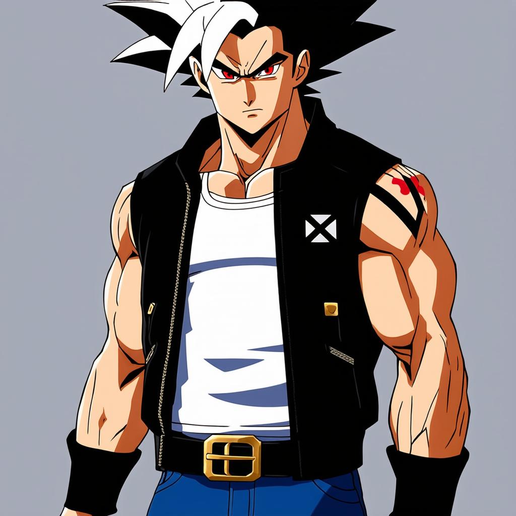  he is a half saiyan, half demon caucasian male with medium long spiky black hair that fades to white. his eyes are a scarlet hue with black pupils. he has a muscular build and an x shaped scar on his right shoulder. he wears a white tank top under a sleeveless black jacket, blue jeans with a gold belt buckle, and black and gold steel toe boots., award winning, professional, highly detailed, masterpiece