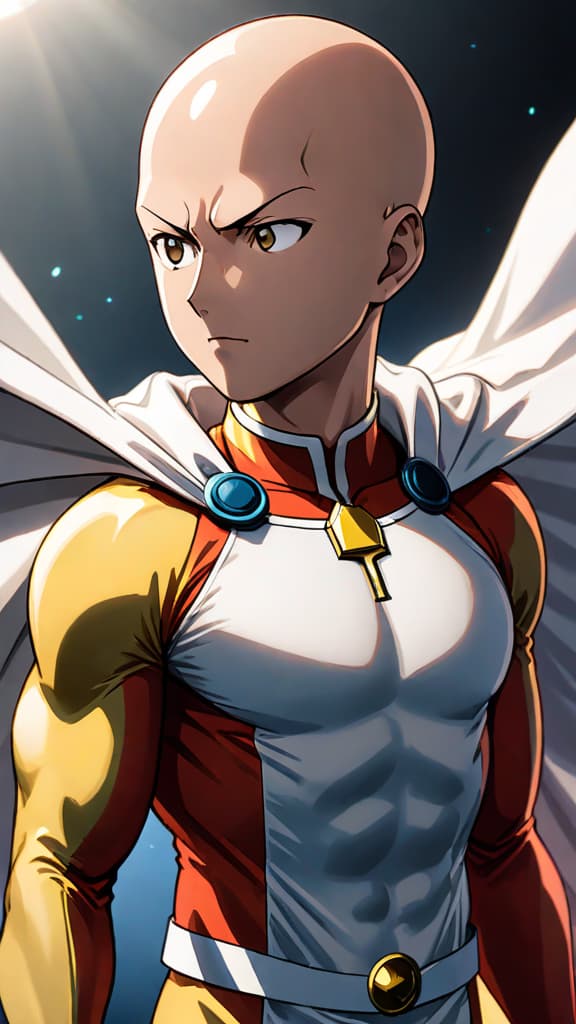  create an anime art of saitama from one punch man with divine energy hinting at a higher power. hyperrealistic, full body, detailed clothing, highly detailed, cinematic lighting, stunningly beautiful, intricate, sharp focus, f/1. 8, 85mm, (centered image composition), (professionally color graded), ((bright soft diffused light)), volumetric fog, trending on instagram, trending on tumblr, HDR 4K, 8K