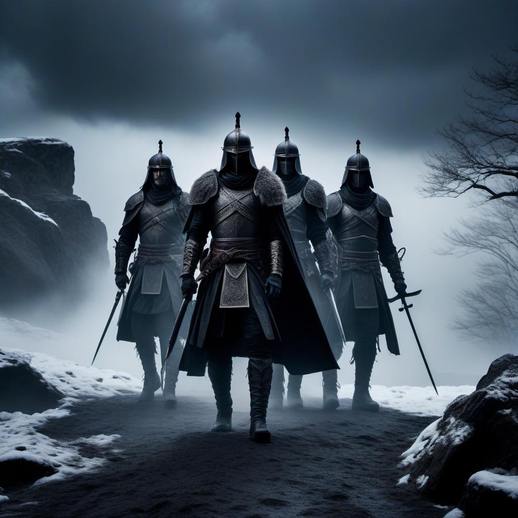  macabre style silhouette of four warriors against the background of a stormy sky, snow . dark, gothic, grim, haunting, highly detailed, hkmagic hyperrealistic, full body, detailed clothing, highly detailed, cinematic lighting, stunningly beautiful, intricate, sharp focus, f/1. 8, 85mm, (centered image composition), (professionally color graded), ((bright soft diffused light)), volumetric fog, trending on instagram, trending on tumblr, HDR 4K, 8K