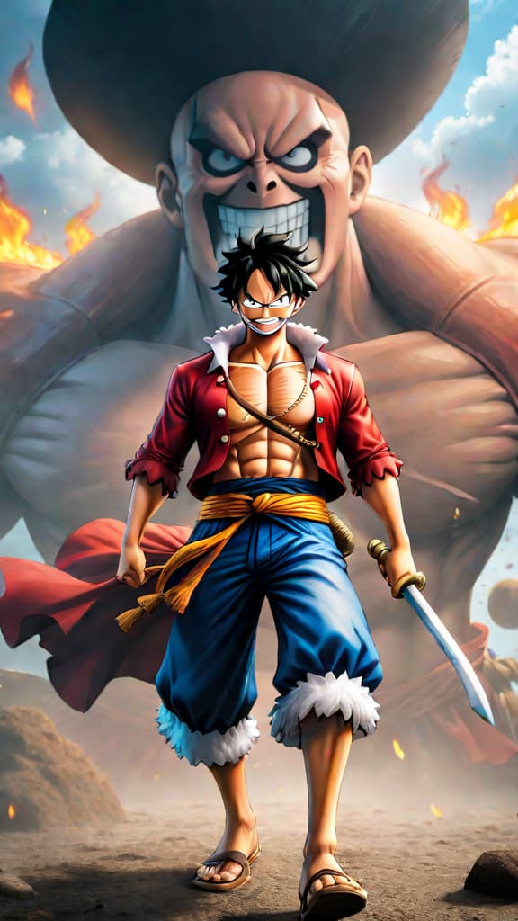  create an anime art of luffy (one piece) using conqueror’s haki against blackbeard's dark powers in a legendary showdown. hyperrealistic, full body, detailed clothing, highly detailed, cinematic lighting, stunningly beautiful, intricate, sharp focus, f/1. 8, 85mm, (centered image composition), (professionally color graded), ((bright soft diffused light)), volumetric fog, trending on instagram, trending on tumblr, HDR 4K, 8K