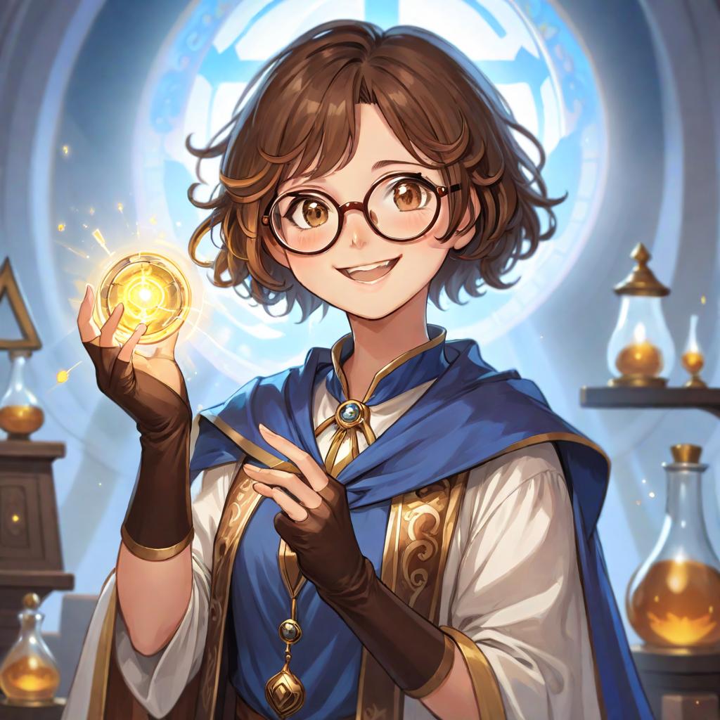  manga artwork gleeful girl wizard that is also an alquimist, she's wearing a white and brown attire with a blue cape. she has an open wide smile, amber eyes, short, brown wavy hair and big round glasses. anime rpg style . manga artist. manga, highly emotional. best quality, high resolution