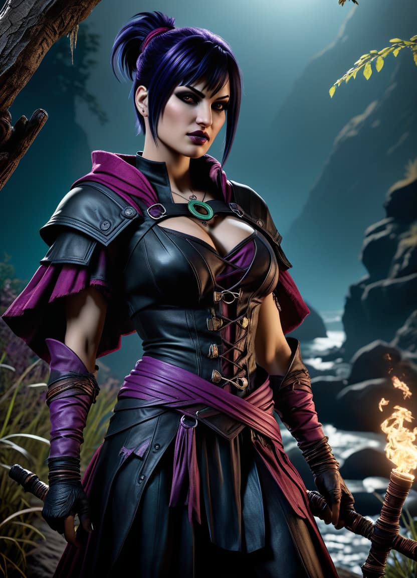  hyperrealistic art hyperrealism, masterpiece, full length character concept art, morrigan is a witch from the wild lands, from the game dragon age origin, attractive appearance, but at the same time daring, dressed in an attractive outfit, holding a staff in the style of dark fantasy, (high contrast: 0.8), high detail, bright saturated details, clear shadows and highlights, . extremely high resolution details, photographic, realism pushed to extreme, fine texture, incredibly lifelike