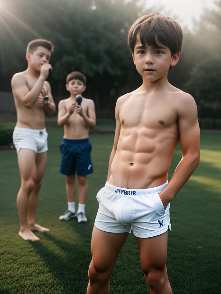  group of prepubescent five year old white boys, they're wearing only their underwear while joyfully playing in the backyard, when they stop to admire that fact they all have erections when one of them demonstrates what he saw his daddy does when his daddy has an erection which is masturbation, the boys discover that feel good to play with their erections , hyperrealistic, high quality, highly detailed, cinematic lighting, intricate, sharp focus, f/1. 8, 85mm, (centered image composition), (professionally color graded), ((bright soft diffused light)), volumetric fog, trending on instagram, HDR 4K, 8K