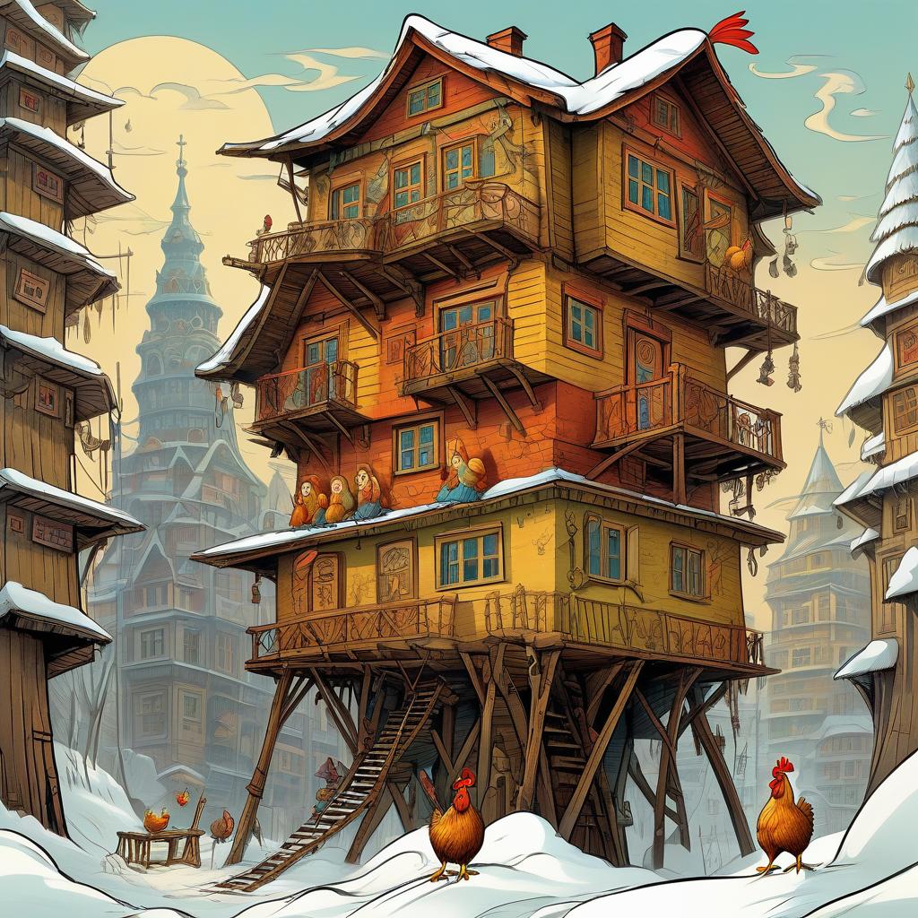  cartoon style, russian folk tales. multi storey hut on chicken legs: "5 floors" from the window on each floor baba yaga looks out.