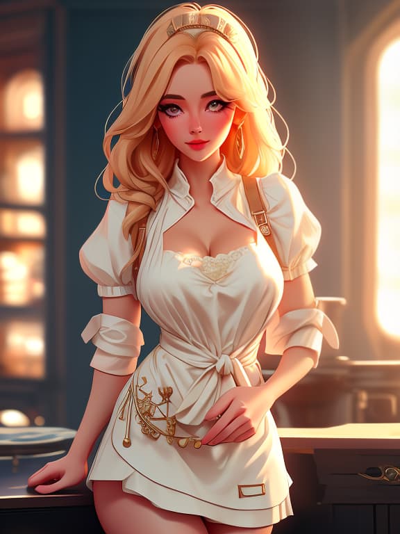  A beautiful Russian girl in a apron. hyperrealistic, full body, detailed clothing, highly detailed, cinematic lighting, stunningly beautiful, intricate, sharp focus, f/1. 8, 85mm, (centered image composition), (professionally color graded), ((bright soft diffused light)), volumetric fog, trending on instagram, trending on tumblr, HDR 4K, 8K