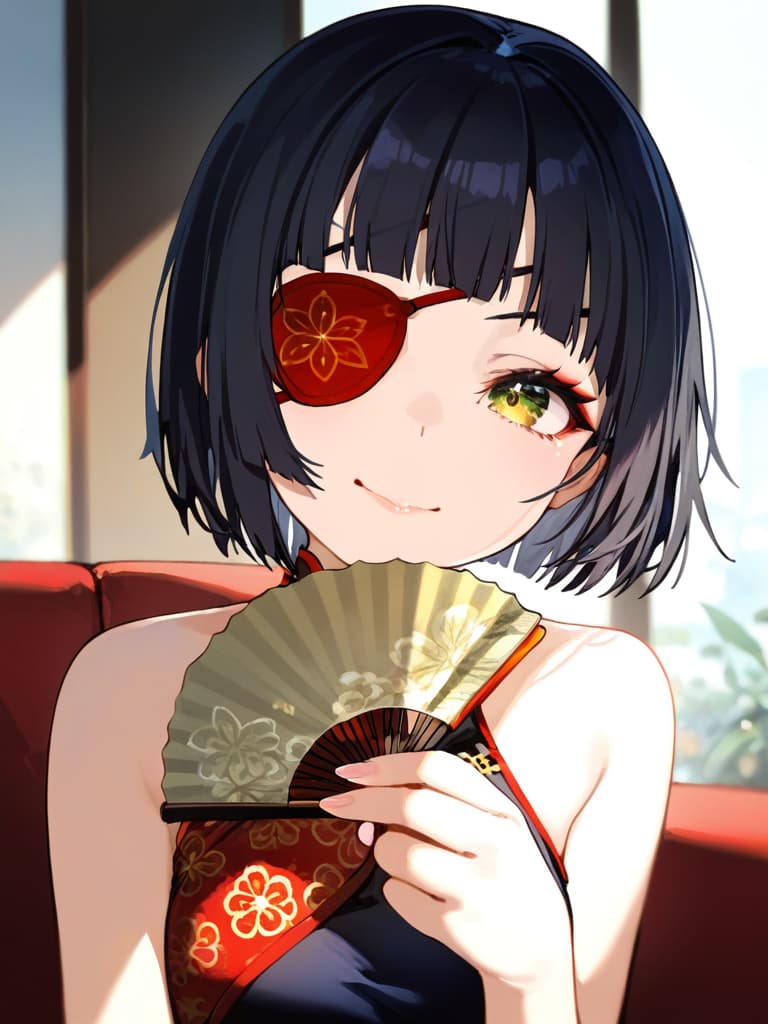  ultra detailed:1.2,masterpiece:1.2,best quality,masterpiece,bestquality,hdr:1.1,8k:1.1,very cute girl:1.3,(black hair,bob cut,long hair,blunt bangs:1.4),((white china dress,japonica pattern:1.5)),(chinaese makeup:1.6),((redrose object eyepatch:1.6))(seductive smile:1.3),(sitting couch:1.3)((cross legs:1.3)),(head rest:1.3),(holding open handfan:1.7)(upper body,face focus:1.4)