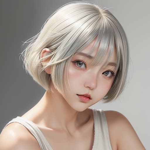  cute japanese girl face, cute short hair, light blonde and silver bob cut hairstyle, black sleeveless top, delicate makeup, cool style, natural lighting, photo realistic in the style of realistic.