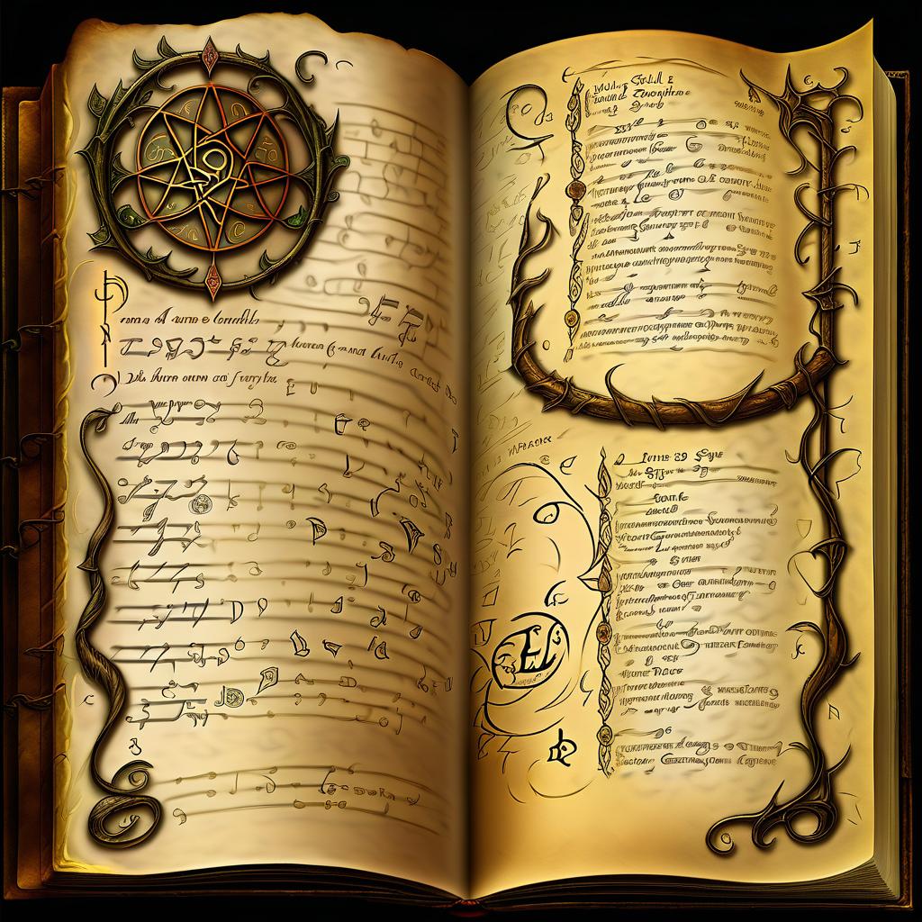  an open book of spells in elvish with notes and notes, hkmagic