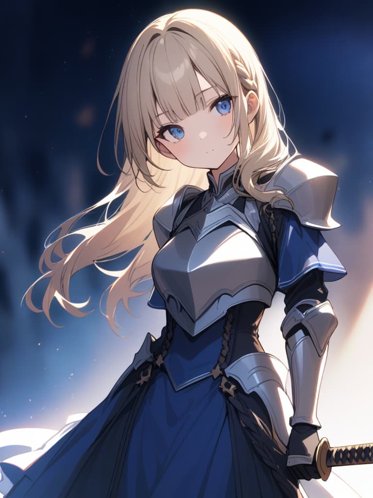  ultra detailed:1.2,masterpiece:1.2,best quality,masterpiece,bestquality,hdr:1.1,8k:1.1,very cute girl:1.3,(silver armor dress,blue dress:1.3)(blond hair,chignon:1.7),(braided side hair ,blunt bangs:1.6),(blue head ribbon:1.1),(blue eyes:1.3),(holding great sword:1.6)dignified expression:1.3,upper body:1.3