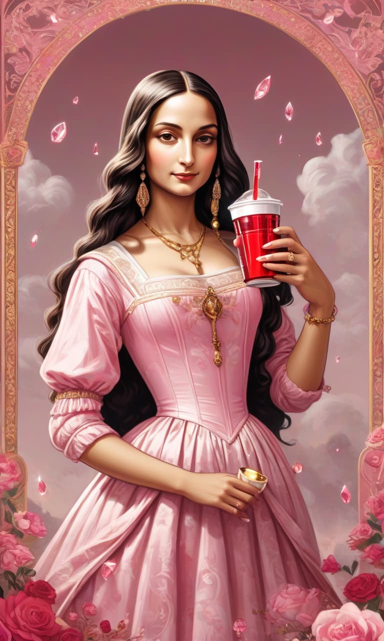  concept art tarot color pink, white, black, gold mona lisa in a dress with crystals, holding a cup with a coca cola tube in her hands, waist down . digital artwork, illustrative, painterly, matte painting, highly detailed, perfect hands