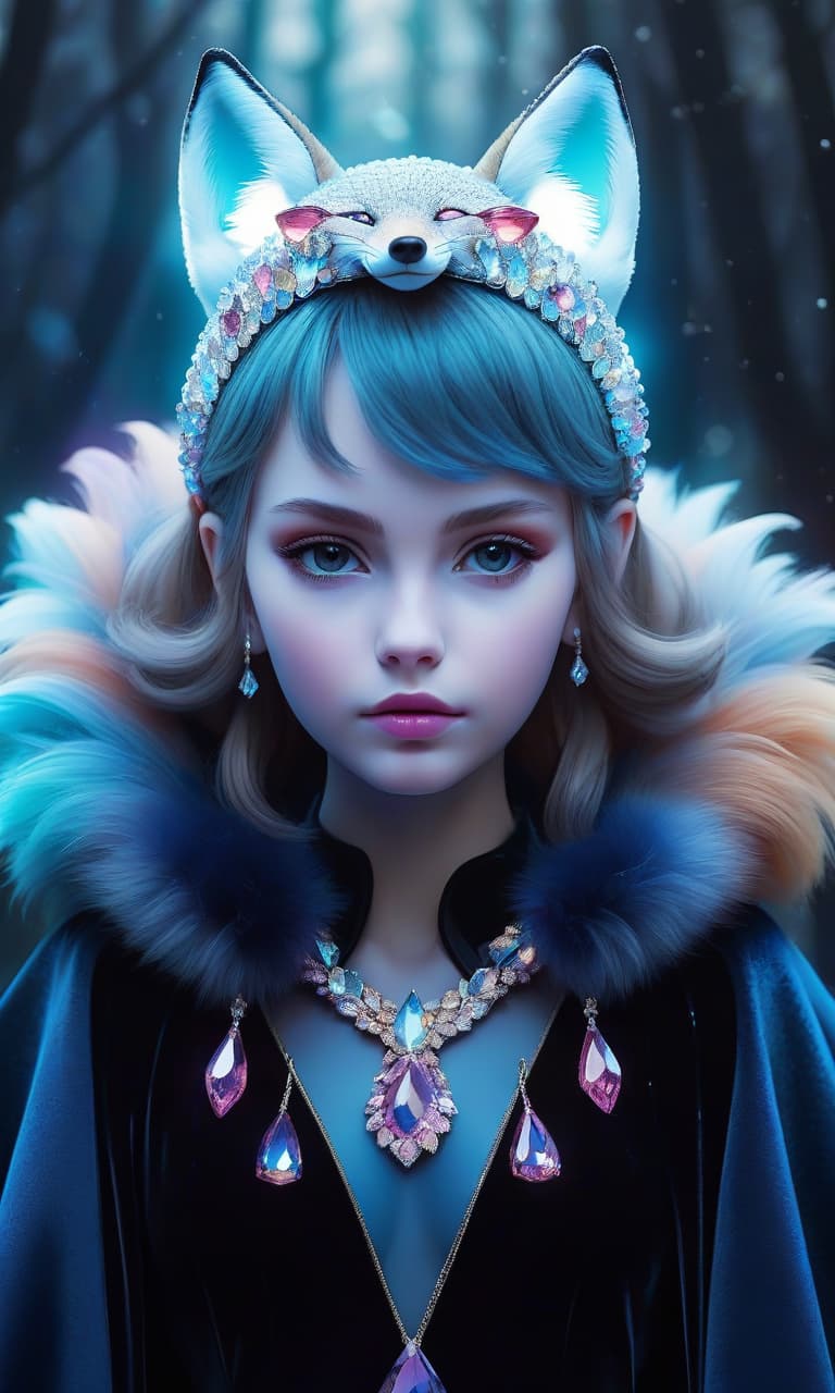  girl from crystals. diadem in the form of fox ears from crystals. collar fan of colored crystals.velvet cape