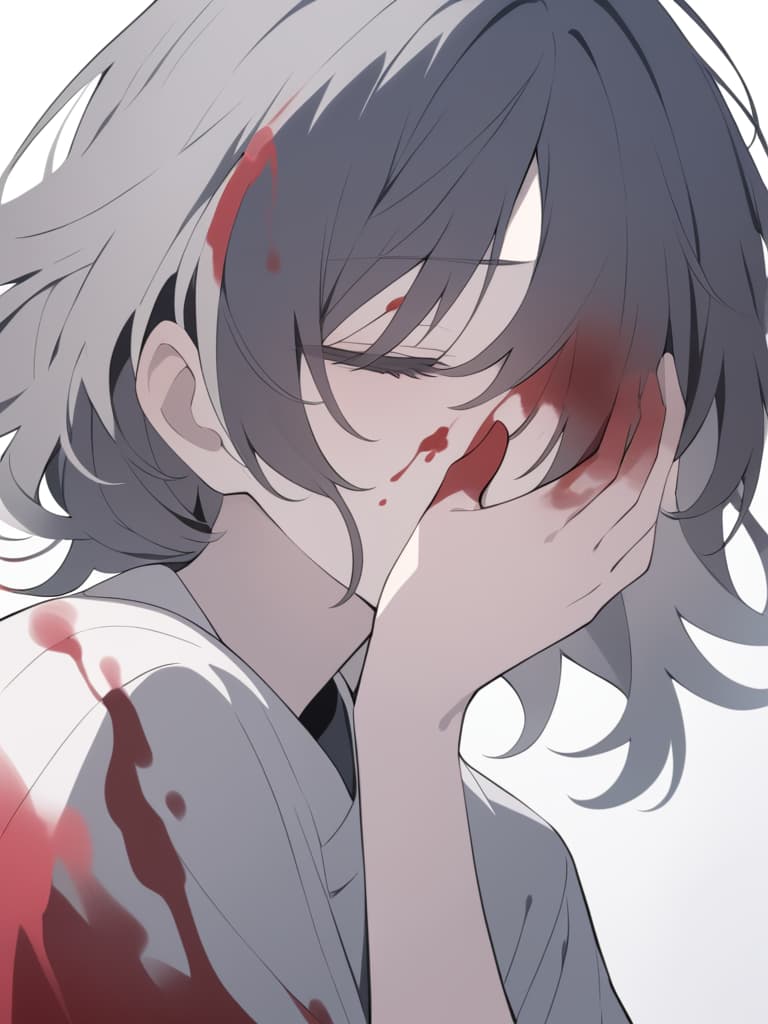  a close up of a young character with long,messy hair,looking down with a distressed expression. their hands are raised to their face,desperately trying to stop a heavy nosebleed. blood is streaming down from their nose,staining their hands and dripping onto their clothes. the character is hunched over slightly,their hair partly covering their eyes,casting a shadow over their face,adding to the dramatic tension.the color palette is muted with stark contrasts,emphasizing the redness of the blood. the background is abstract,fading into obscurity to keep the focus on the character's emotional struggle.