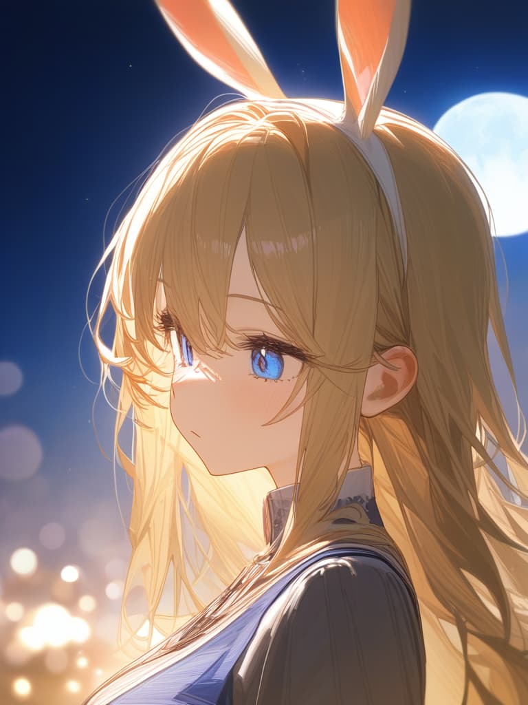  blonde, blue eyes, moon viewing, rabbit ears, masterpiece, best quality,8k,ultra detailed,high resolution,an extremely delicate and beautiful,hyper detail