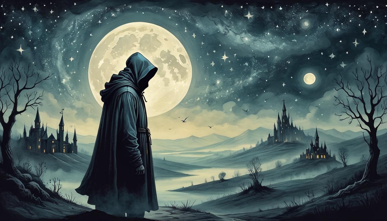  on parchment, surrealism+++, a mysterious, hooded figure under a dark sky filled with stars, moonlight casting an eerie glow, symbolizing chosen ones, mystic, enigmatic(mysterious, provocative, symbolic,muted color)+++