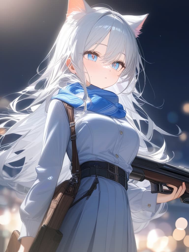  silver hair, semi long, cat ears, light blue eyes, girls, cities, uniforms, light blue muffler, gun firearms, masterpiece, best quality,8k,ultra detailed,high resolution,an extremely delicate and beautiful,hyper detail