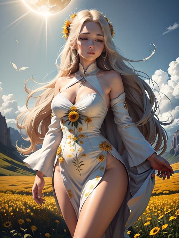  master piece, best quality, ultra detailed, highres, 4k.8k, blonde haired goddess, standing confidently, exuding grace, serene and confident, break the goddess of freedom, a sunlit meadow, flowers, a gentle breeze, break peaceful and serene, soft sunlight, highlighting the goddess' radiant beauty, lunarpunkai