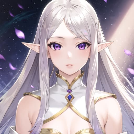  master piece , best quality,silver hair, half elf, beautiful girl, childlike face, ladylike, white clothes, purple eyes.