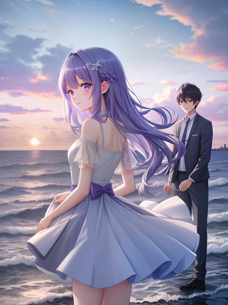  couples, cute, hair purple and gray, boys, girls, sea, beautiful sky, masterpiece, best quality,8k,ultra detailed,high resolution,an extremely delicate and beautiful,hyper detail