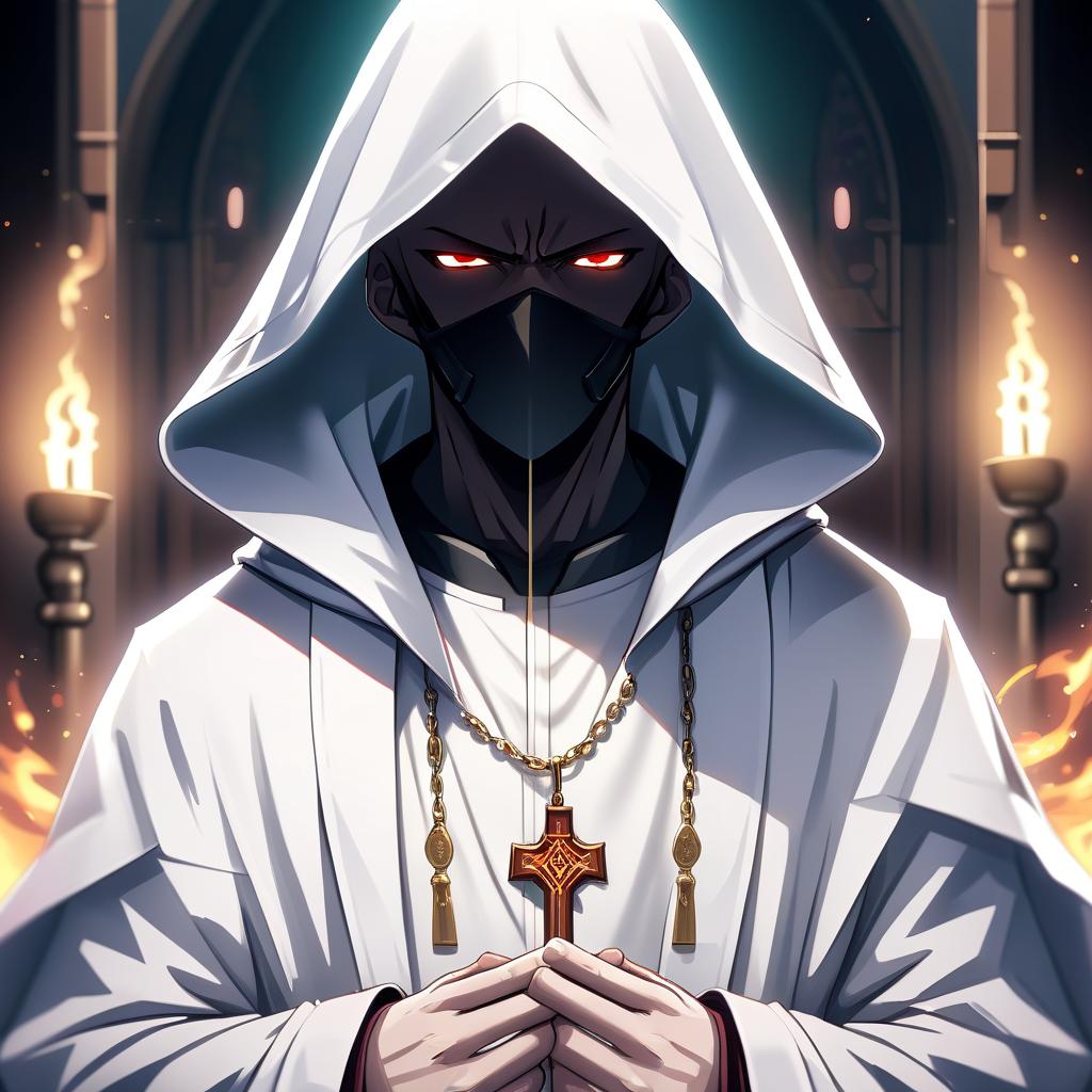  anime artwork the priest stands in a white robe in a hood. you can't see his face because of the hood. focus closer to face . anime style, key visual, vibrant, studio anime, highly detailed