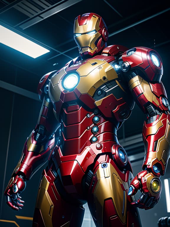  master piece, best quality, ultra detailed, highres, 4k.8k, iron man, preparing for a fight, determined, break battle of heroes and villains, stark industries workshop, mechanical tools, iron man suit components, futuristic computer interface, break high tech and industrial atmosphere, futuristic holographic displays, glowing energy effects, metallic shine, mecha musume