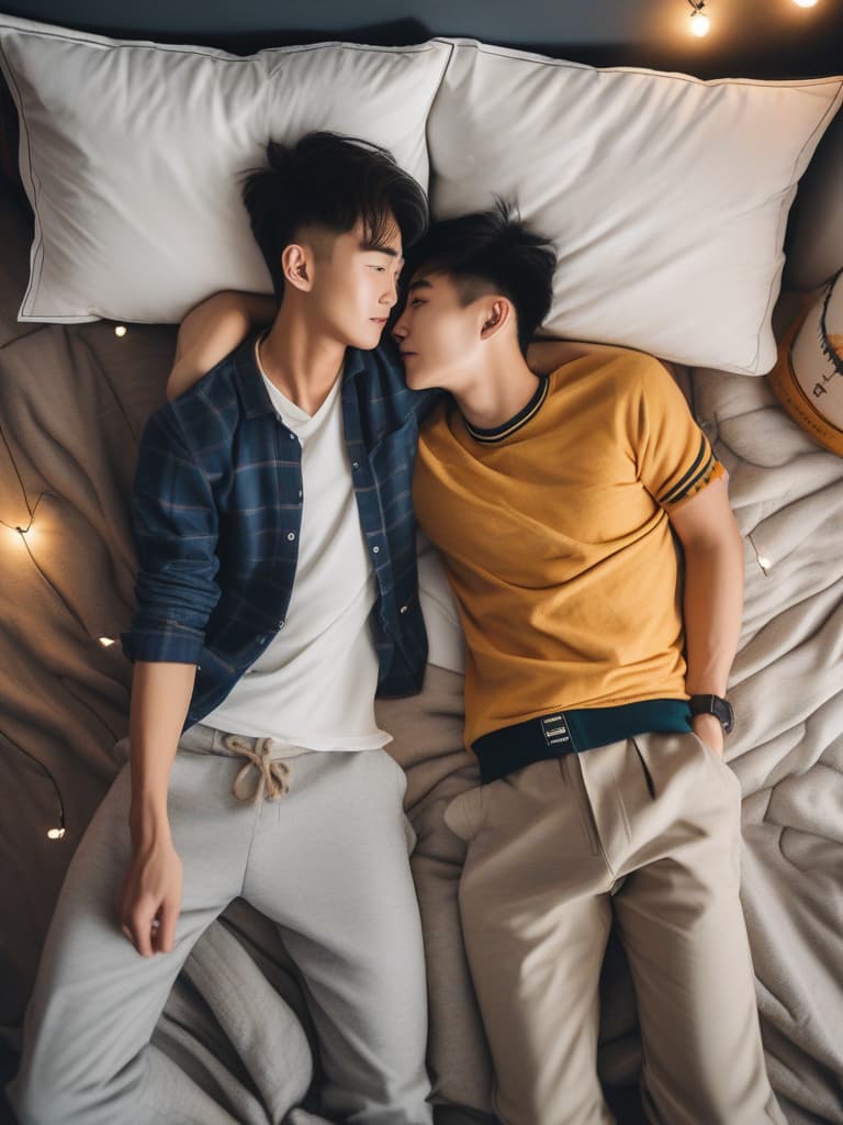  masterpiece, best quality, High resolution photo of Two handsome Chinese male students hugging each other in a bed, they are best friends, seen from above, one of them is taller and more athletic, the other one is shorter and normal body build, they wear casual clothes, string lights on the wall, cozy and comforting atmosphere, nighttime, wonder