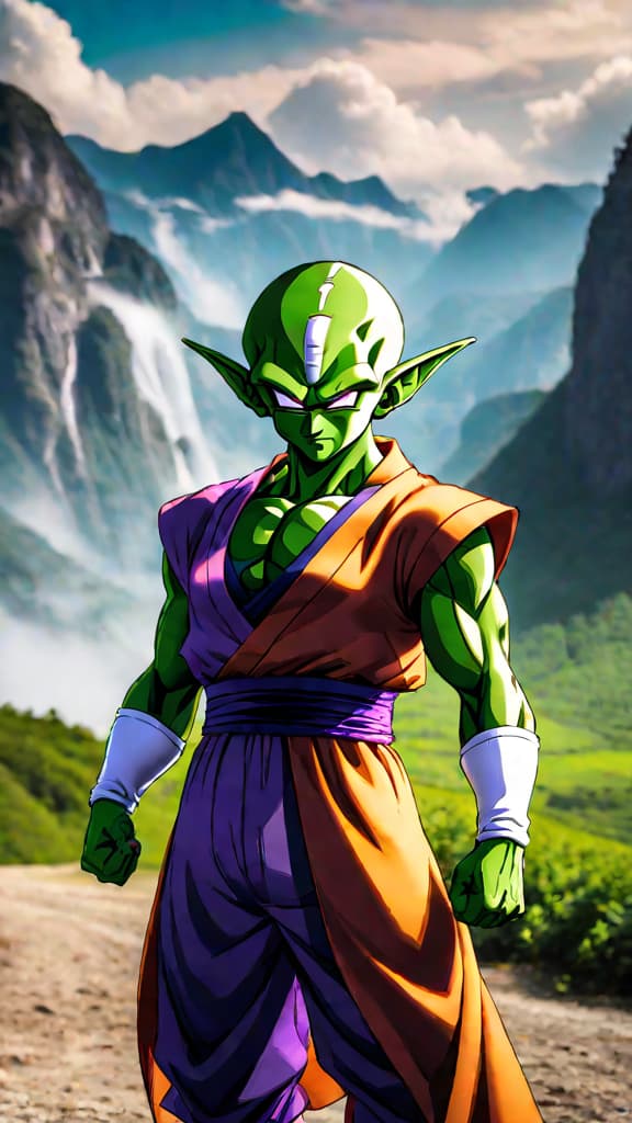  anime art: piccolo fuses with nail on planet namek for a massive power boost against frieza. hyperrealistic, full body, detailed clothing, highly detailed, cinematic lighting, stunningly beautiful, intricate, sharp focus, f/1. 8, 85mm, (centered image composition), (professionally color graded), ((bright soft diffused light)), volumetric fog, trending on instagram, trending on tumblr, HDR 4K, 8K