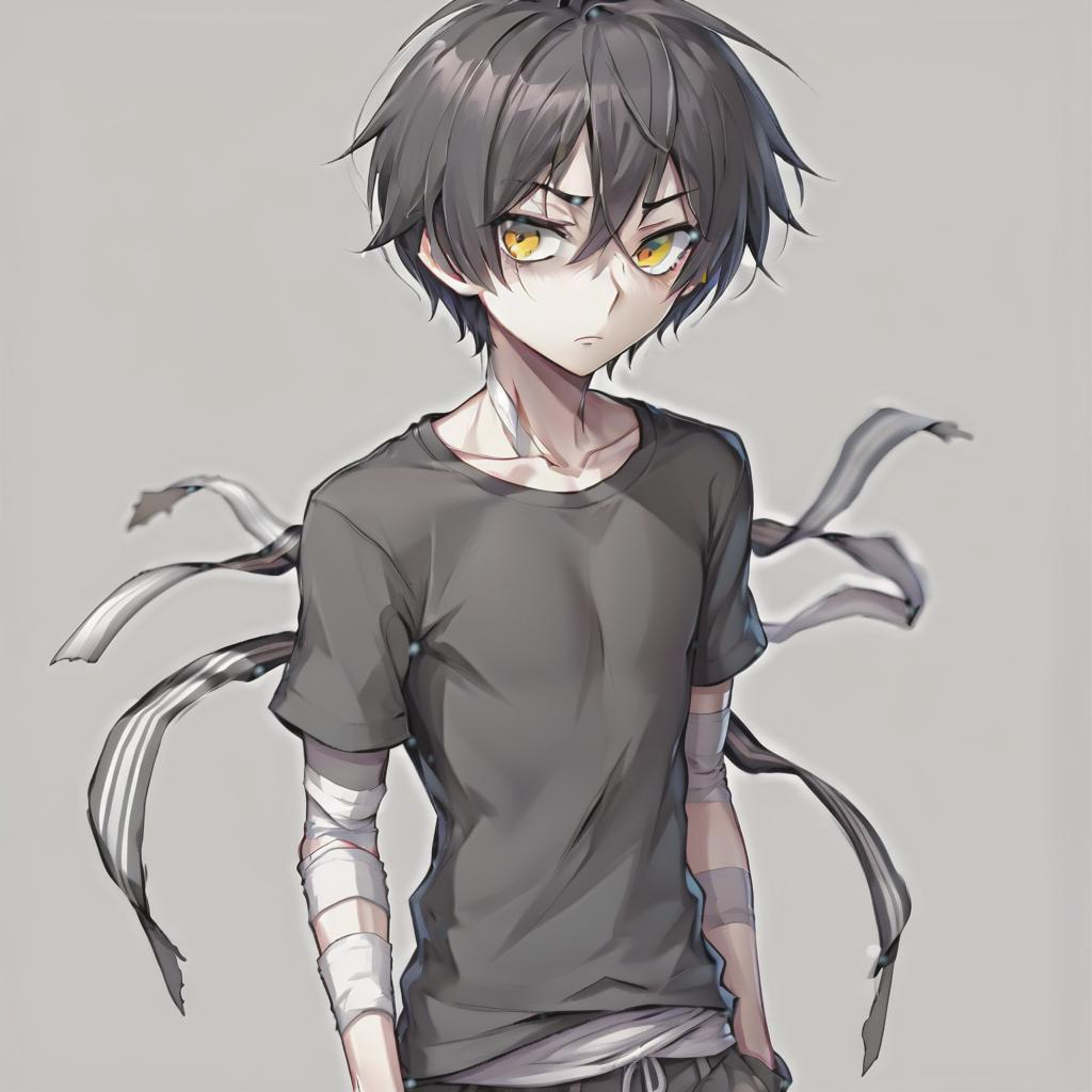  anime sketch. a guy with dull happiness on his face. dark gray eyes. slender body. bandaged forearms. black t shirt. short black hair. looking at the viewer. simple gray background. 4k. 8k. 16k. high resolution. hdr. high quality. insane detalisation, perfecteyes