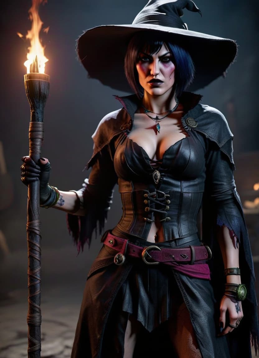  hyperrealistic art hyperrealism, masterpiece, full length character concept art, morrigan is a witch from the wild lands, from the game dragon age origin, attractive appearance, but at the same time daring, dressed in an attractive outfit, holding a staff in the style of dark fantasy, (high contrast: 0.8), high detail, bright saturated details, clear shadows and highlights, . extremely high resolution details, photographic, realism pushed to extreme, fine texture, incredibly lifelike