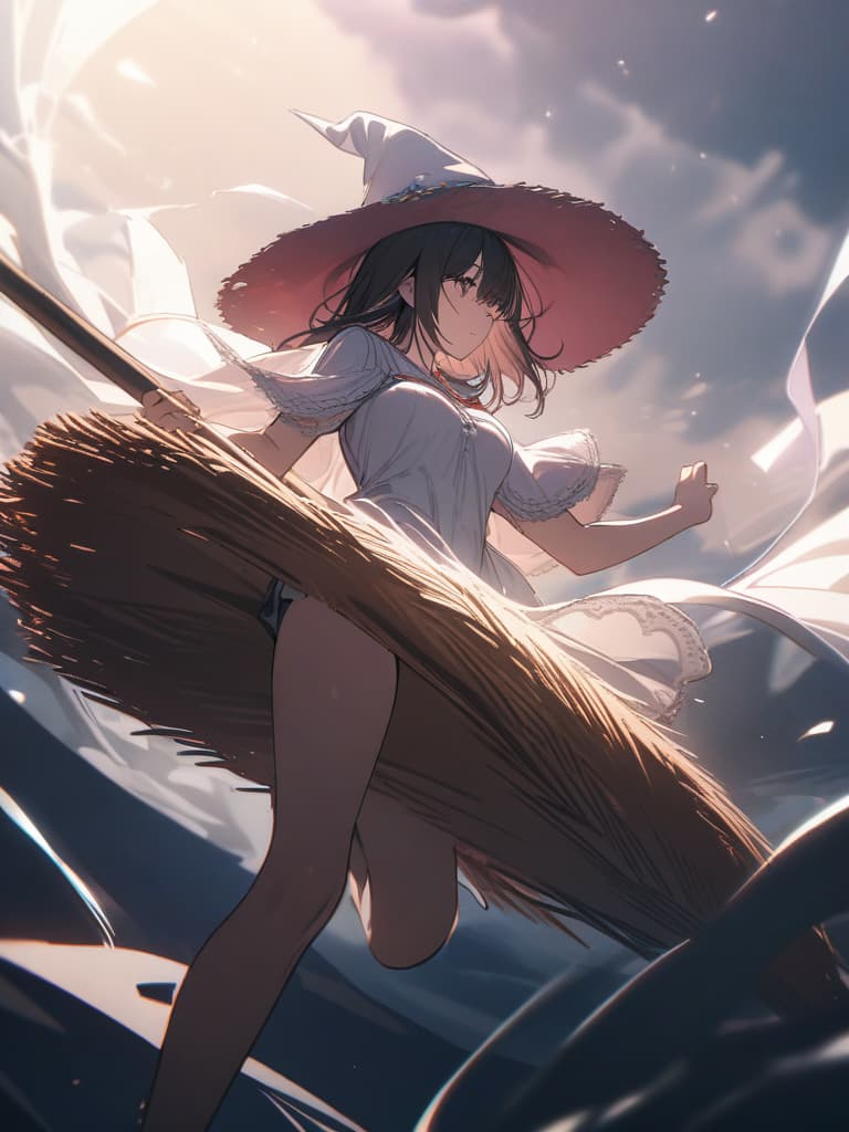  flying in the sky, riding in a broom, sitting on a broom, witch, holding a hat, a girl, sitting on a broom, on the broom, fluttering, holding down the hat, masterpiece, best quality,8k,ultra detailed,high resolution,an extremely delicate and beautiful,hyper detail