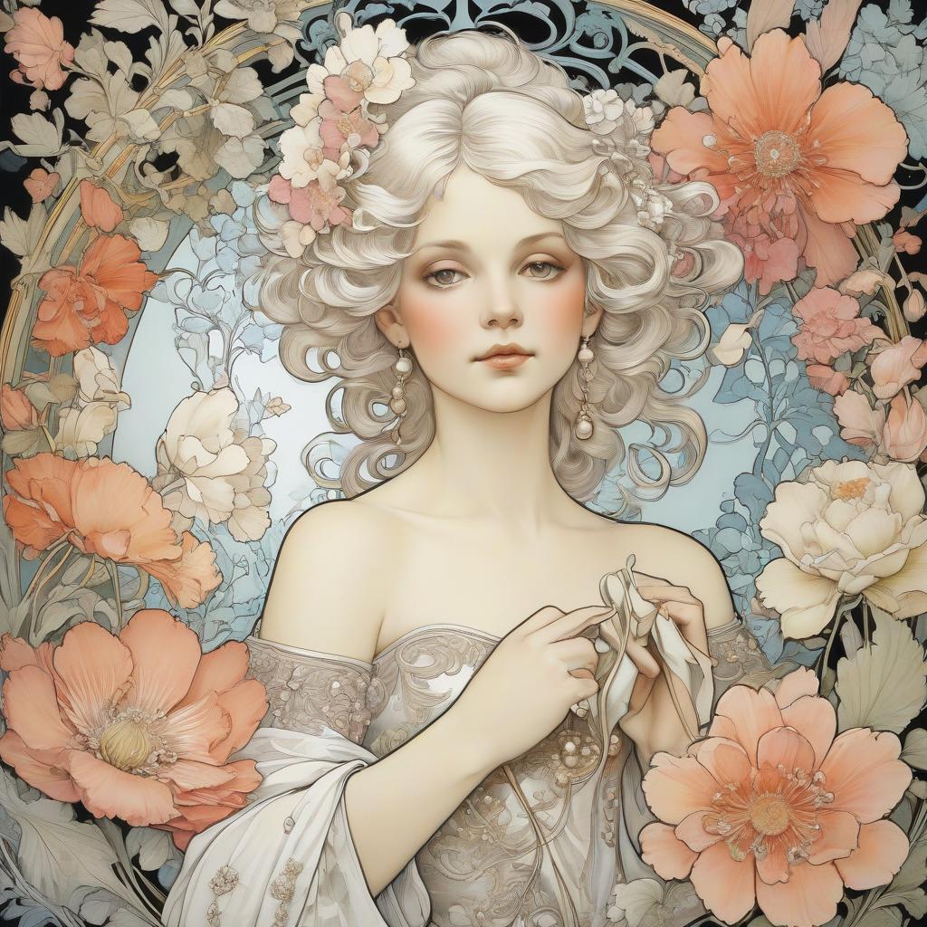  coloring book. flowers. two colors: black, white. pearls. some multicolored porridge. luminous pearls. alfonso mucha, honoré fargonard.