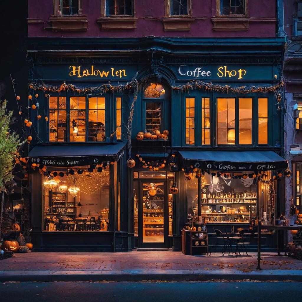  halloween coffee shop in the city at night with decorations