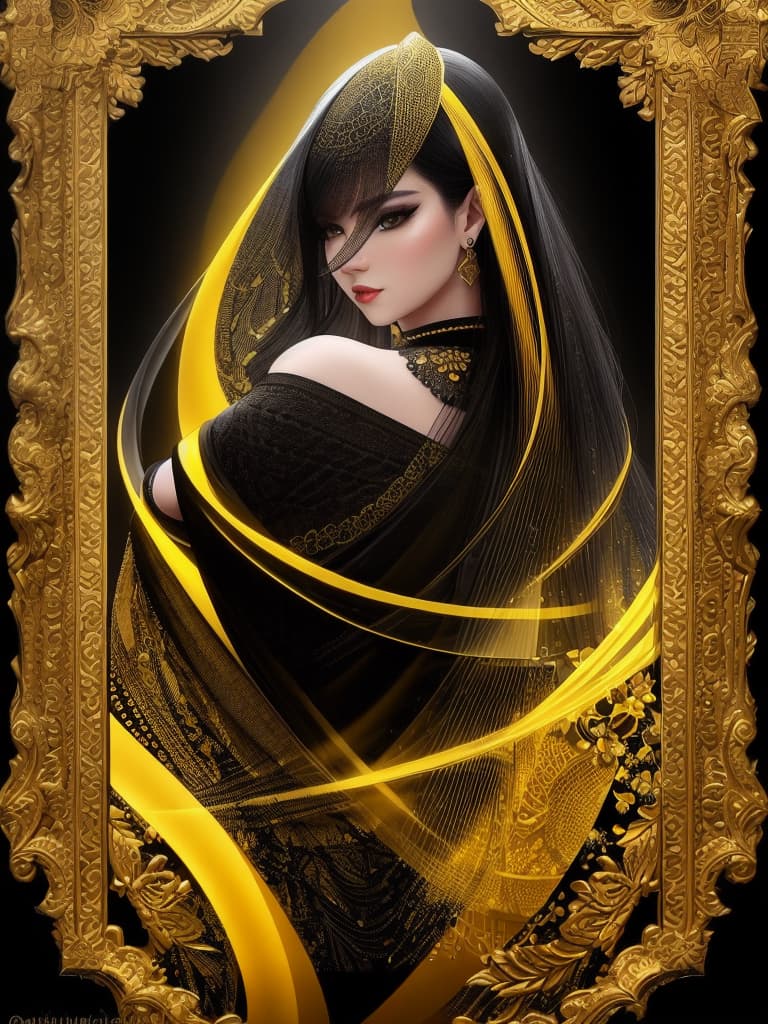  Golden yellow and sleek black color palette, captivating and inviting expression, exuding elegance and charm, magnetic beauty, intricate details, high contrast, luxurious feel, digital art, female, glossy finish, striking composition, dynamic lighting to enhance features.