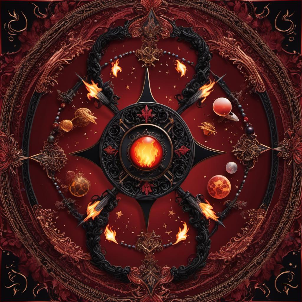  create a dark red background mixed with black and planets and a flaming cross in the middle, mystical style