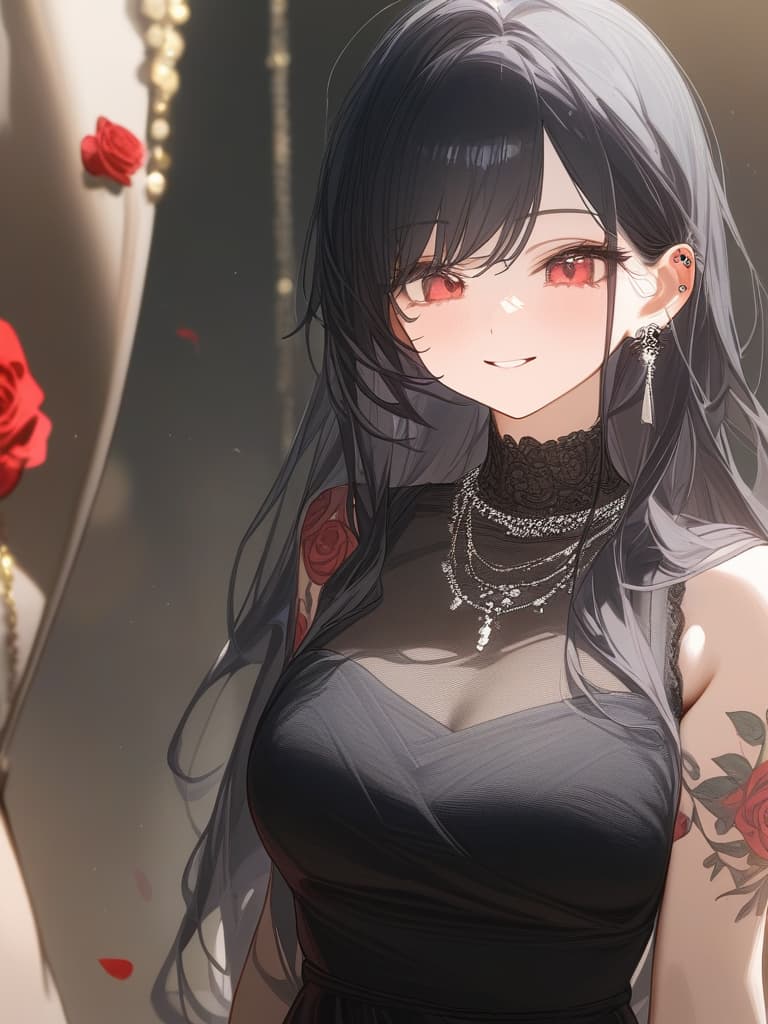  long hair, black hair, hair tips are pink, red eyes, hanging, bangs, and length of bangs, smiles, adults, adult faces, piercings, necklaces, black lace clothes, red rose tattou on arms in contained, thin makeup, rose tattoo on the arm, pink and black hair, masterpiece, best quality,8k,ultra detailed,high resolution,an extremely delicate and beautiful,hyper detail