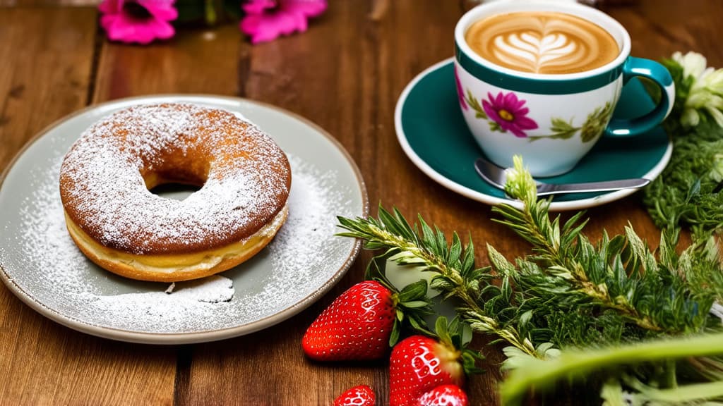  plate of pastries next to a cup of coffee, photo on a wooden table, flowers and strawberries, powdered sugar, donut, profile picture, cozy, lots of details ar 16:9 {prompt}, maximum details