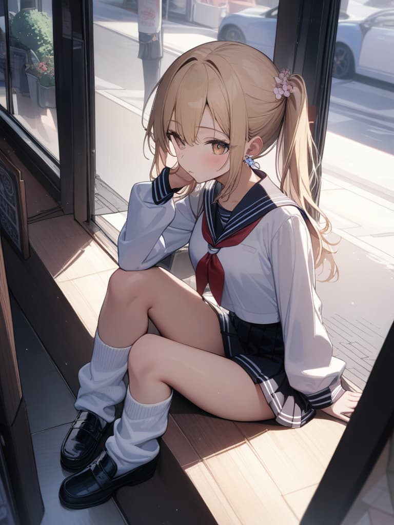  junior high school students, loose socks, sailor uniforms, loafers, blonde, tapioca milk tea, beige eyes, girls, cafes, ponytails, flower earrings, masterpiece, best quality,8k,ultra detailed,high resolution,an extremely delicate and beautiful,hyper detail