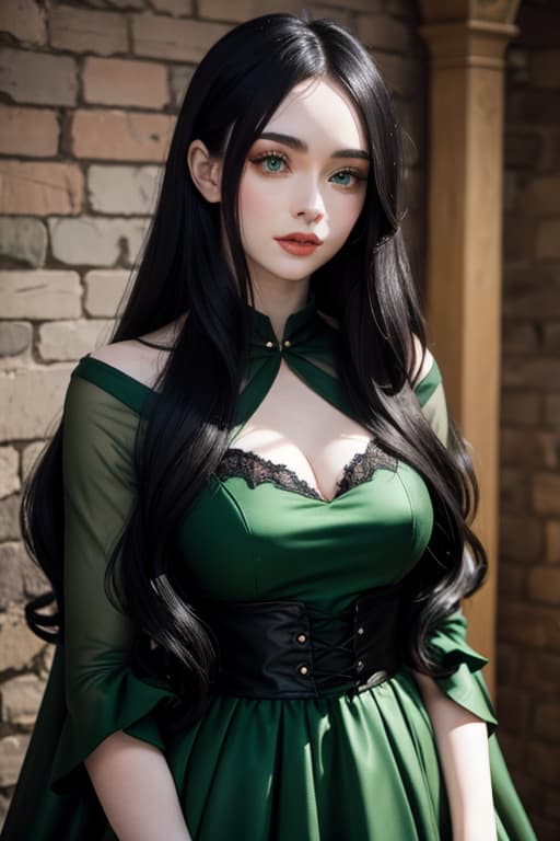  Sabrina Carpenter long hair (pale skin) ((black hair)) ((green eyes)) vintage gown in a dungeon