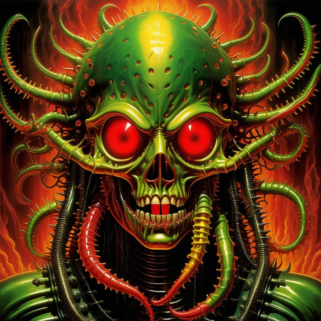  retro game art beautiful demone hellraiser whisperer giger demon looks scary prickly red watch in yellow smoke and green sparks suction wings looks scary prickly red watch in yellow smoke and green sparks suction cups tentacles eyes all lower jaw sting tentacles claws and a terrible moan in red smoke . 16 bit, vibrant colors, pixelated, nostalgic, charming, fun