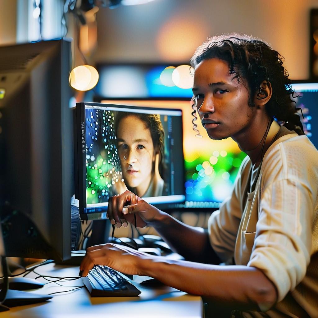  cinematic photo a person is sitting at a working computer on a monitor . 35mm photograph, film, bokeh, professional, 4k, highly detailed, perfecteyes, perfect hands, film photography style