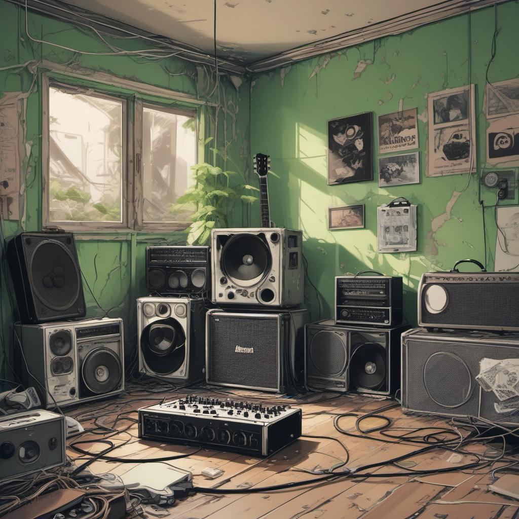  une chambre abandonnée en ruine avec une guitare électrique et un amplificateur de guitare vert , comic style, manga and manhwa style, painting style