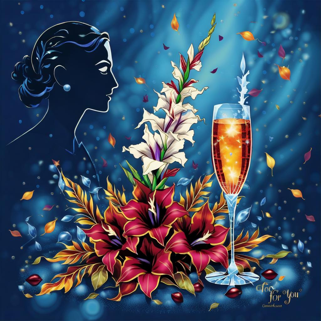  dreamscape (crystal tall glass):champagne with ice cubes and chocolate.(birthday card) card design: blue blue background with (((decorated with fine fractal glitter, bright leaves, ink sketch lines on a blue background, outlines, falling autumn leaves, silver swirls, autumn leaves, ((profile of a woman's face, in the style of autumn art fantasy 1,3)) . (in the centre of the card a bouquet with white gladioluses with the inscription (("for you")).((bouquet of burgundy gladioluses surrounded by multicoloured foliage 1,2)) (colour of the bouquet): burgundy red with orange border. (foliage colour) :golden, silvery white, burgundy, green, golden green, (style):fantasy, design art, greeting cards. (style):fantasy, advertising, art design. . sur