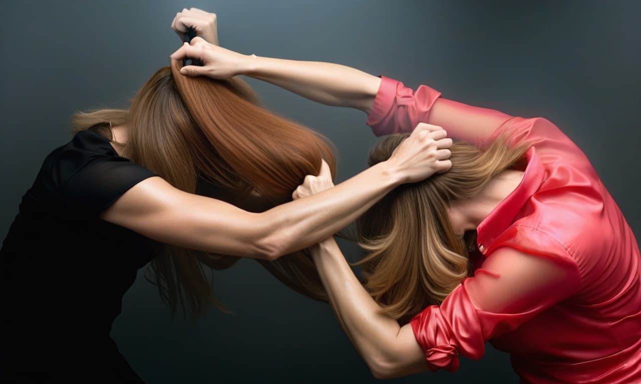  hyperrealistic art two women fight, pull each other's hair, act in the apartment . extremely high resolution details, photographic, realism pushed to extreme, fine texture, incredibly lifelike, perfect hands hyperrealistic, full body, detailed clothing, highly detailed, cinematic lighting, stunningly beautiful, intricate, sharp focus, f/1. 8, 85mm, (centered image composition), (professionally color graded), ((bright soft diffused light)), volumetric fog, trending on instagram, trending on tumblr, HDR 4K, 8K