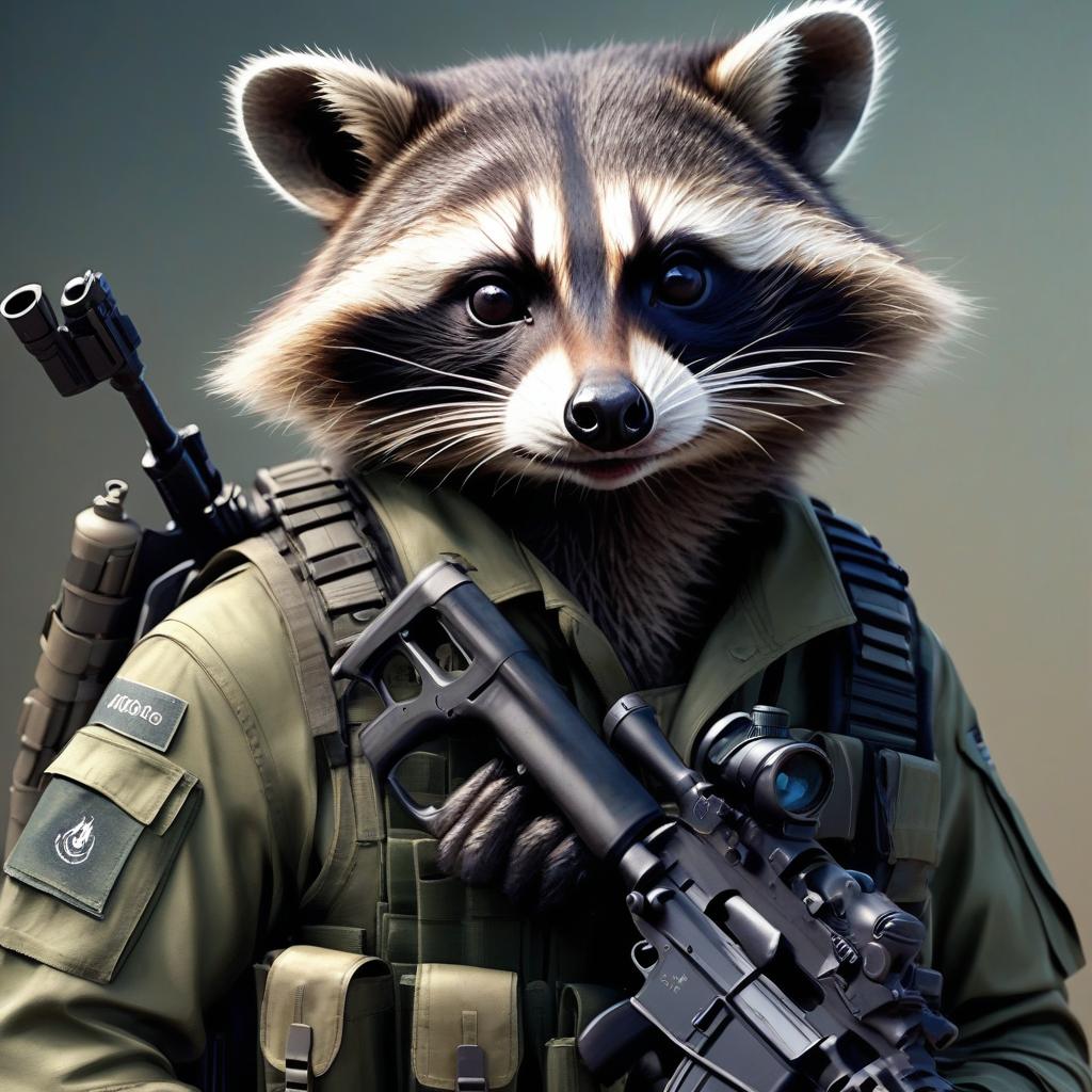  hyperrealistic art raccoon standing in special forces clothes with awp from cs 2 . extremely high resolution details, photographic, realism pushed to extreme, fine texture, incredibly lifelike