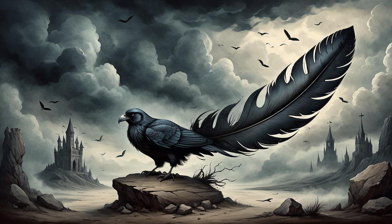  on parchment, surrealism+++, darkened scale, large feather outweighs heavy stone, ominous clouds, atmosphere of unjust decisions(mysterious, provocative, symbolic,muted color)+++