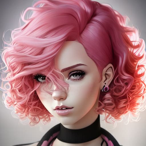  --Style Photoralism, a close up of a woman with pink hair and a red top, short pink hair, cute with short pink hair, huge curly pink hair, curly pink hair, pink short hair, huge pink hair, pink hair, breathtaking ilya kuvshinov, yael shelbia, cgsociety portrait, rose hair, kawaii realistic portrait, hyperrealistic , with pink hair