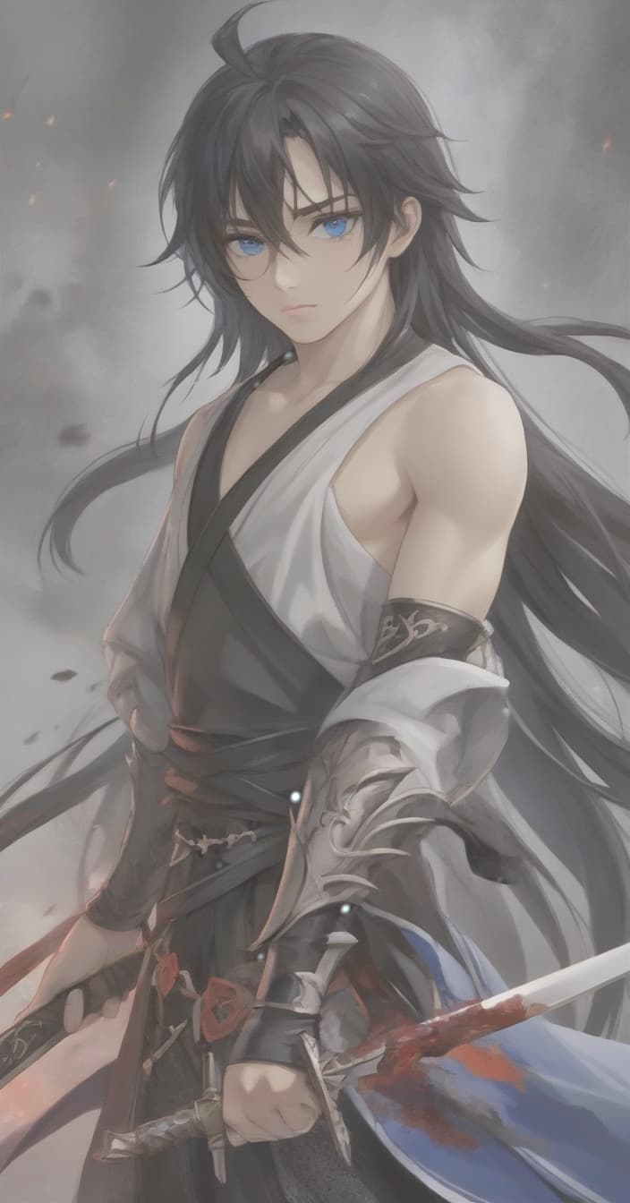  breathtaking realistic photo, two people, a character from the novel “system save yourself for the main hero”, lo binghe, a young man in black with an unassuming long sword behind his back. long black hair to the waist, red eyes, demonic mark on the forehead, next to him a girl blonde, blonde hair to the shoulder blades, european type of face, light skin, blue eyes, plump lips, a small tummy at the bottom of the waist, . award winning, professional, highly detailed, hkmagic