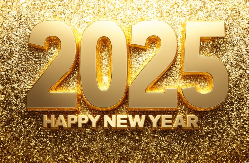  professional detailed photography, happy new year 2025 poster on golden background ar 3:2, (muted colors, dim colors, soothing tones), (vsco:0.3)