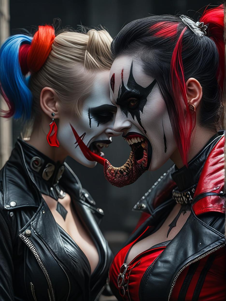  best quality, hd, a close up portrait of a woman cosplaying as a mix of harley quinn and two face. her face is split into two distinct halves: one side styled after harley quinn, vibrant and manic, while the other side resembles two face, grotesque and distorted. the harley side has a bright, colorful look with a half jester hat, while the two face side is darker, with burnt and scarred features. her expression is a stark contrast, one side laughing maniacally, the other twisted in a banshee like scream. hyperrealistic, full body, detailed clothing, highly detailed, cinematic lighting, stunningly beautiful, intricate, sharp focus, f/1. 8, 85mm, (centered image composition), (professionally color graded), ((bright soft diffused light)), volumetric fog, trending on instagram, trending on tumblr, HDR 4K, 8K